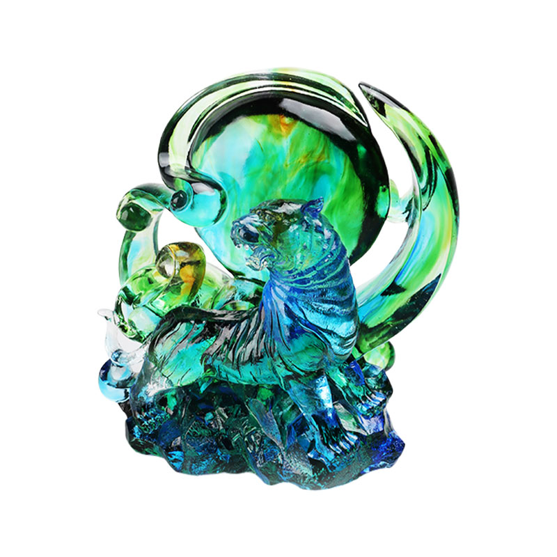 Hiasan harimau kaca kristal lutsinar biru-hijau