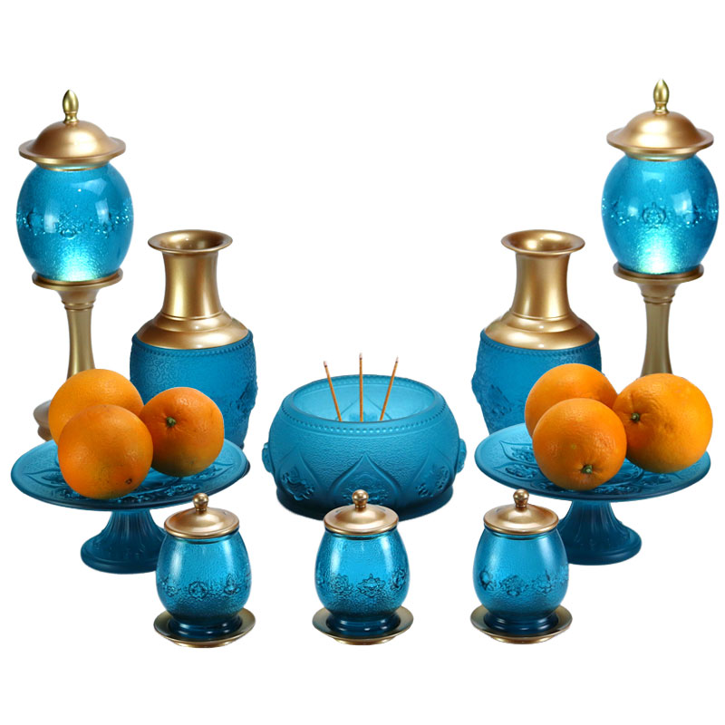 Biru Diraja Lapan Simbol Bertuah Persembahan Kaca Kristal Altar Buddha