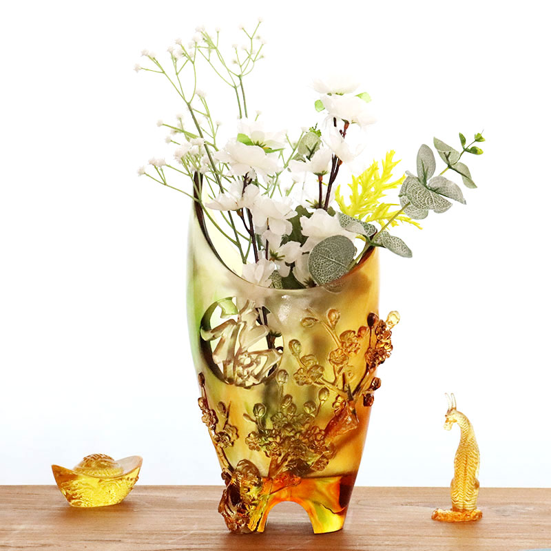 Hiasan Rumah Plum blossom Reka bentuk Ukiran Pasu Kaca Amber