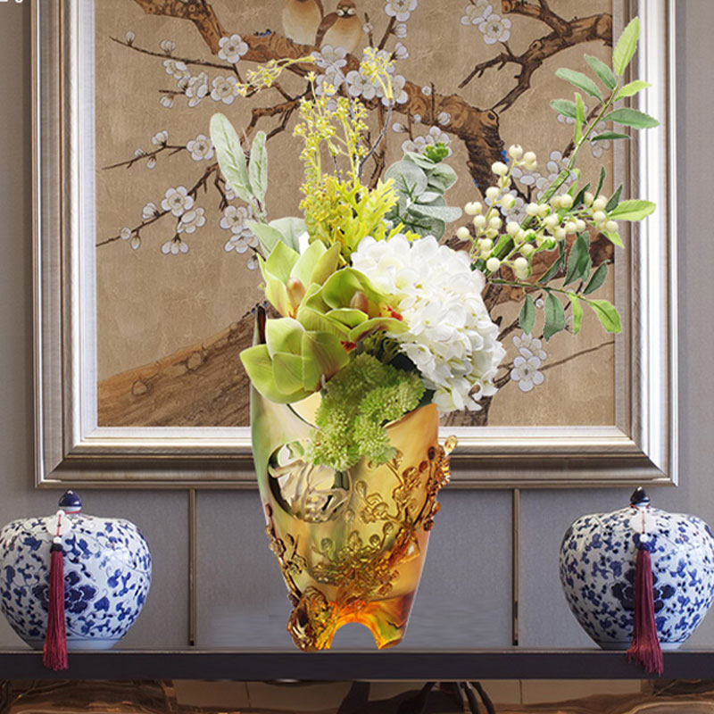 Hiasan Rumah Plum blossom Reka bentuk Ukiran Pasu Kaca Amber