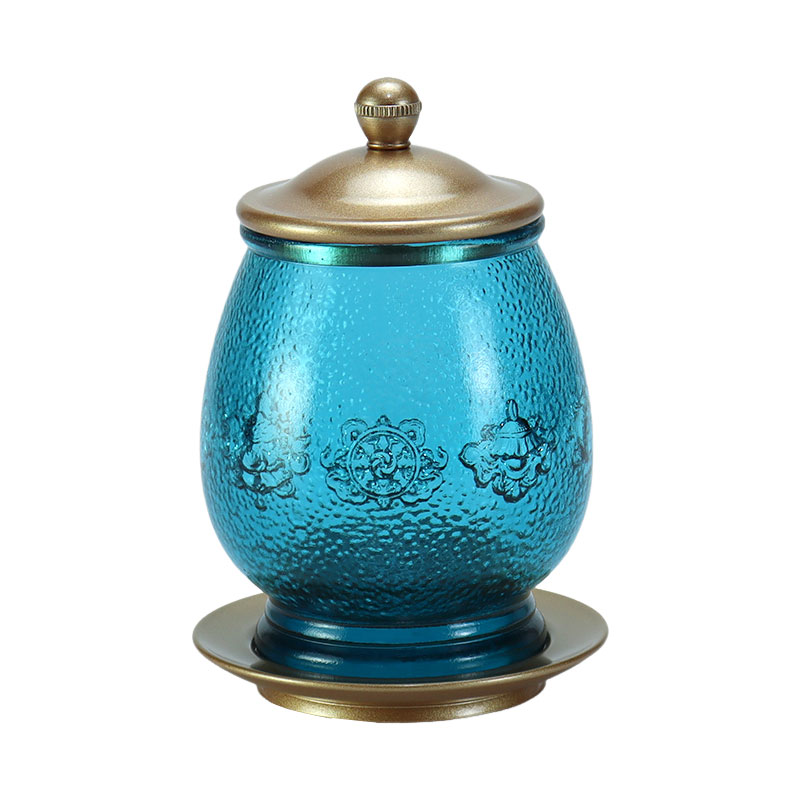 Biru Diraja Lapan Simbol Bertuah Persembahan Kaca Kristal Altar Buddha