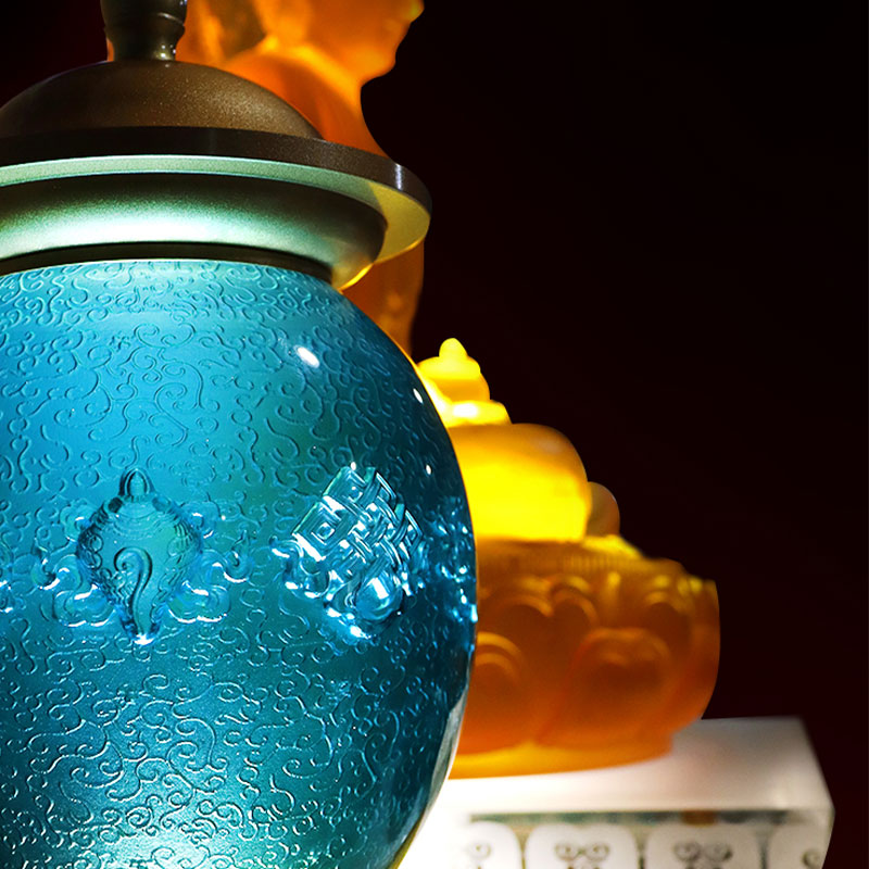 Biru Diraja Lapan Simbol Bertuah Persembahan Kaca Kristal Altar Buddha
