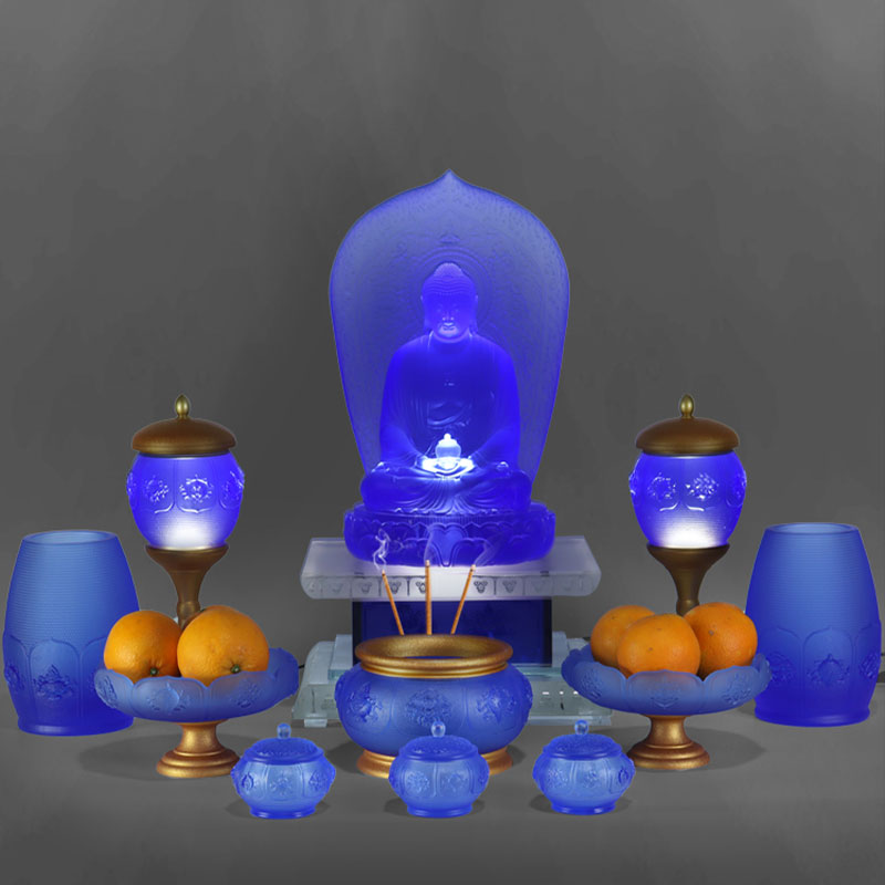 Set Persembahan Kaca Kristal Altar Buddha Eight Treasures Lotus series