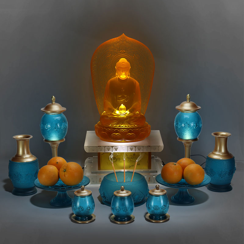 Biru Diraja Lapan Simbol Bertuah Persembahan Kaca Kristal Altar Buddha